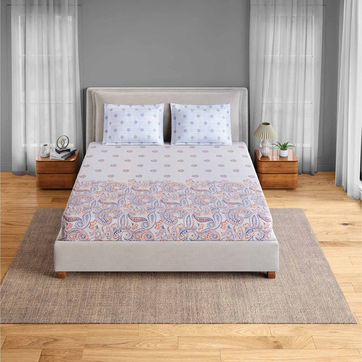 Spaces Fiora 100% Cotton 144 TC Ornate Fitted Queen Bedsheet with 2 Pillow Covers - 60 x 78 Inches, Orange