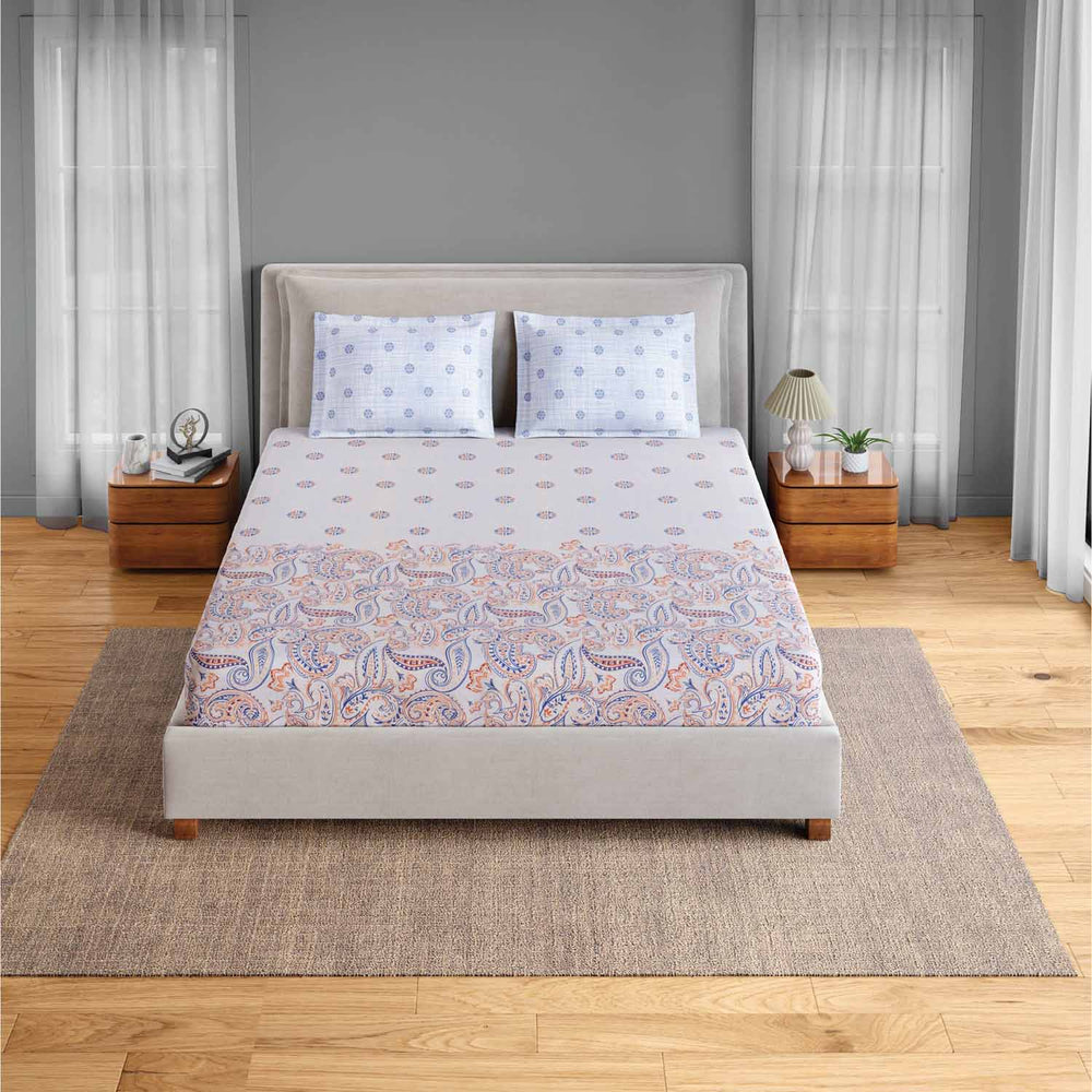 Spaces Fiora 100% Cotton 144 TC Ornate Fitted Queen Bedsheet with 2 Pillow Covers - 60 x 78 Inches, Orange