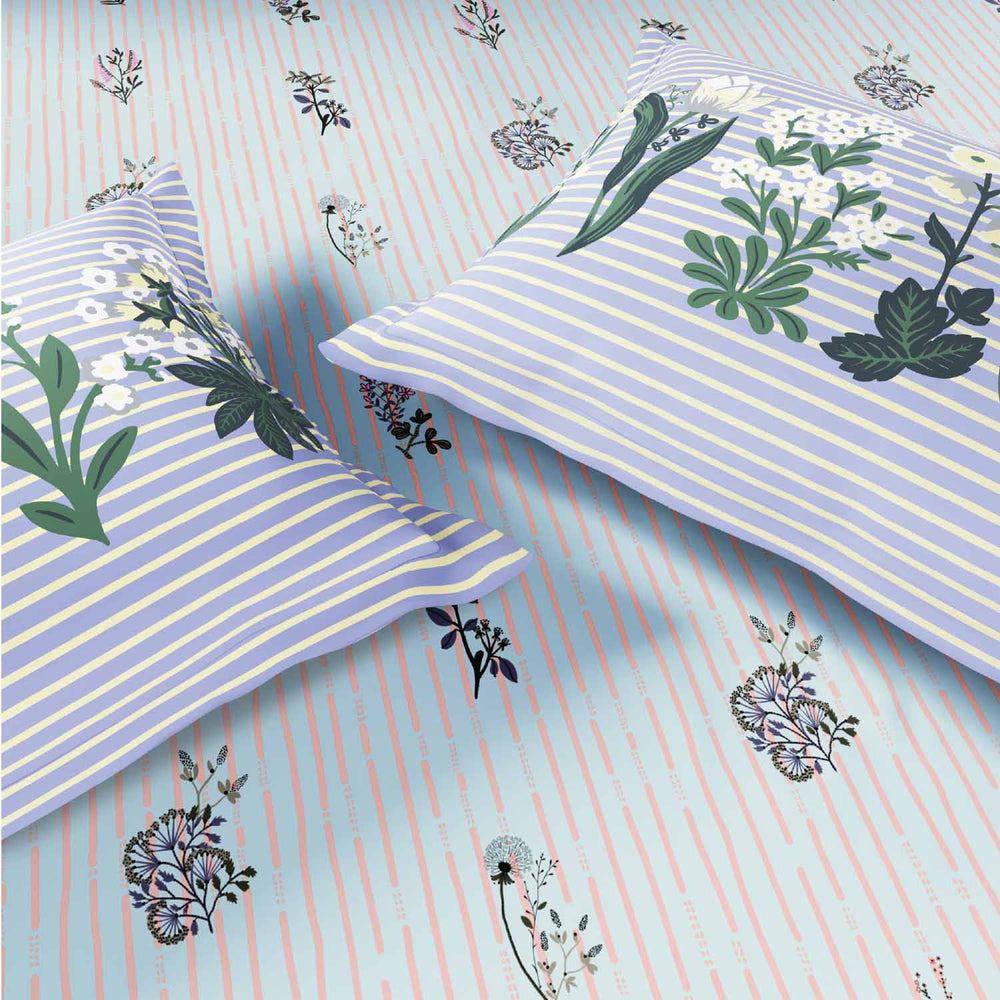 Spaces Fiora 100% Cotton 144 TC Floral Fitted Queen Bedsheet with 2 Pillow Covers - 60 x 78 Inches, Light Blue