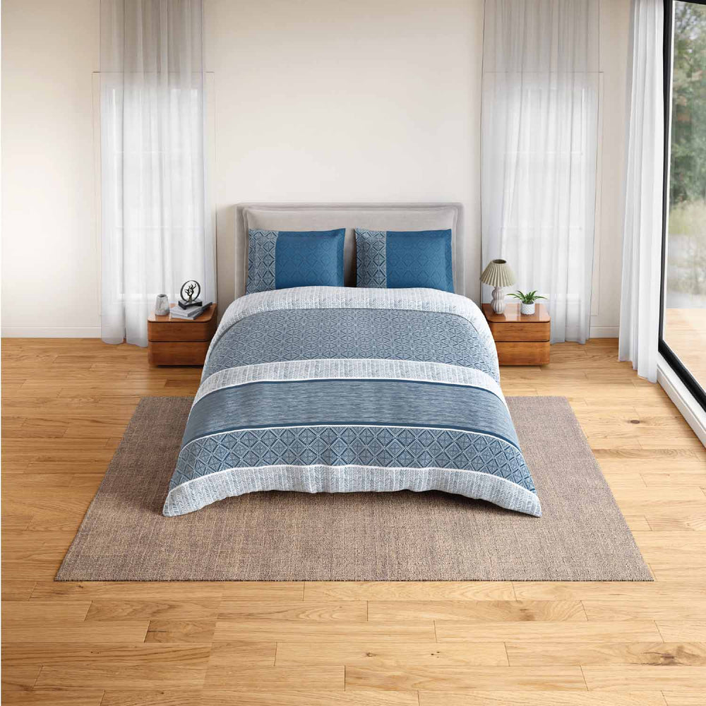 Spaces Fiora 100% Cotton 144 TC Geometric Fitted Queen Bedsheet with 2 Pillow Covers - 60 x 78 Inches, Dark Blue