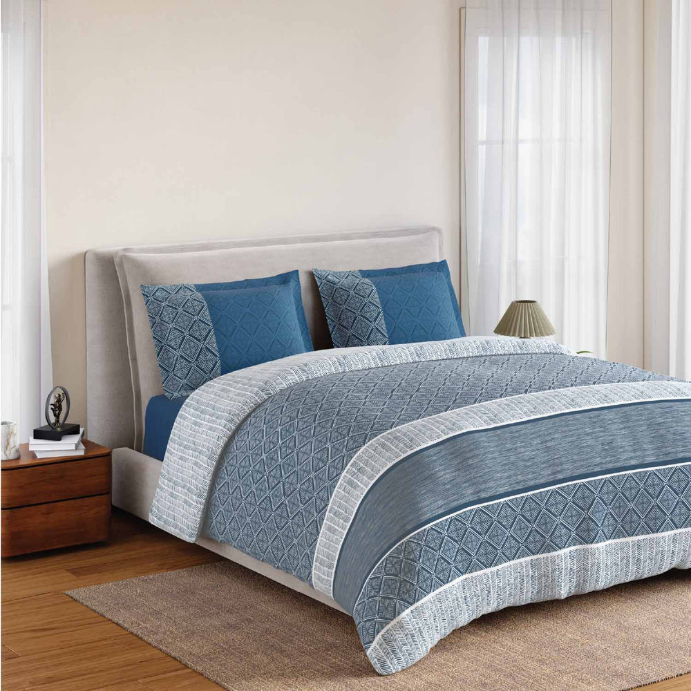 Spaces Fiora 100% Cotton 144 TC Geometric Fitted Queen Bedsheet with 2 Pillow Covers - 60 x 78 Inches, Dark Blue