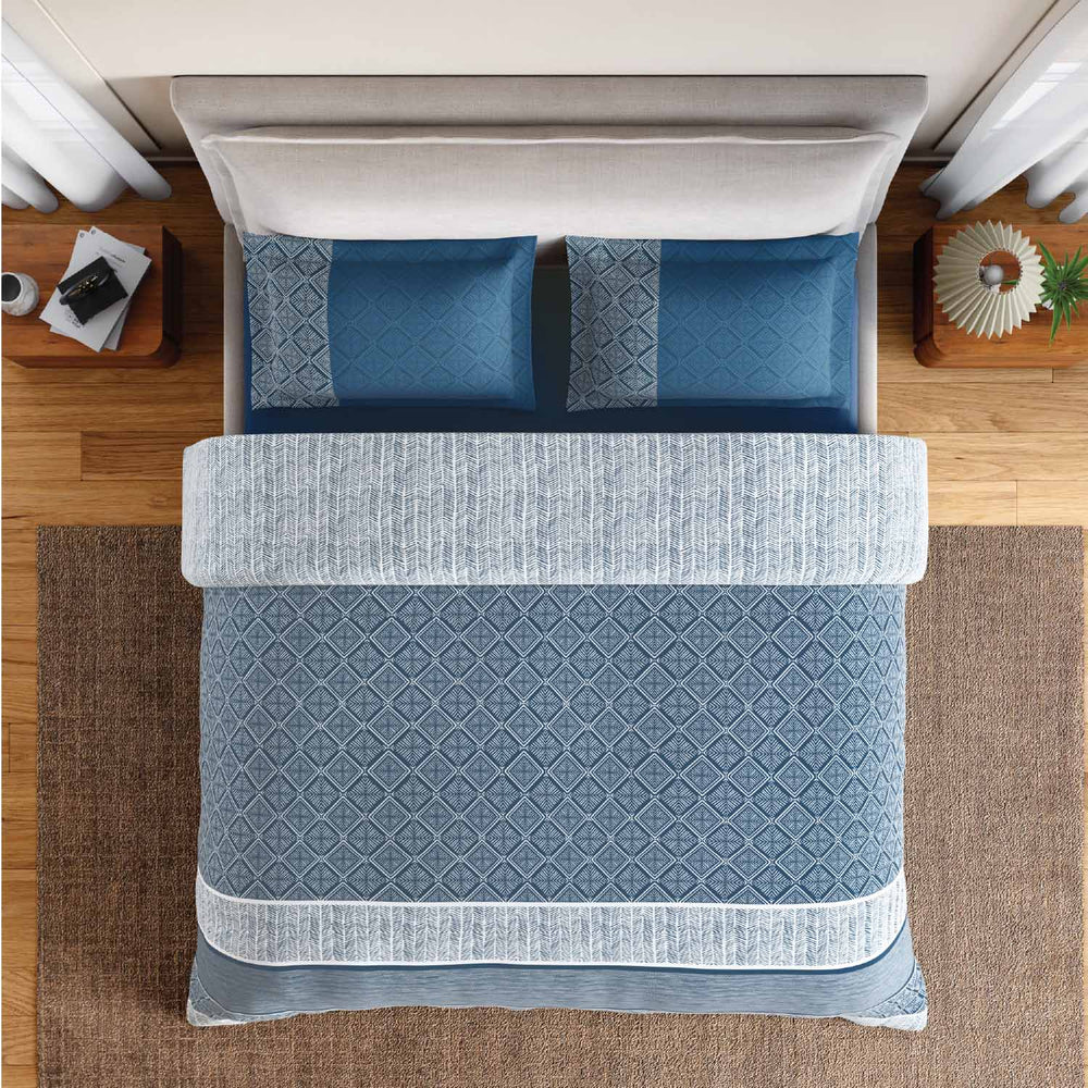 Spaces Fiora 100% Cotton 144 TC Geometric Fitted Queen Bedsheet with 2 Pillow Covers - 60 x 78 Inches, Dark Blue