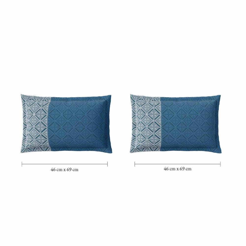 Spaces Fiora 100% Cotton 144 TC Geometric Fitted Queen Bedsheet with 2 Pillow Covers - 60 x 78 Inches, Dark Blue
