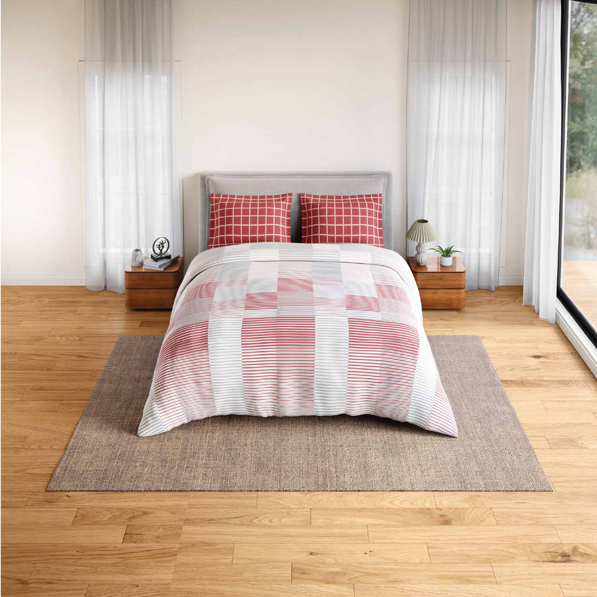 Spaces Fiora 100% Cotton 144 TC Geometric Fitted Queen Bedsheet with 2 Pillow Covers - 60 x 78 Inches, Dark Pink