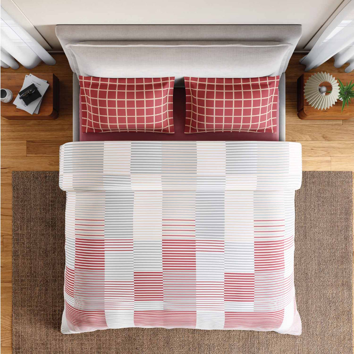 Spaces Fiora 100% Cotton 144 TC Geometric Fitted Queen Bedsheet with 2 Pillow Covers - 60 x 78 Inches, Dark Pink