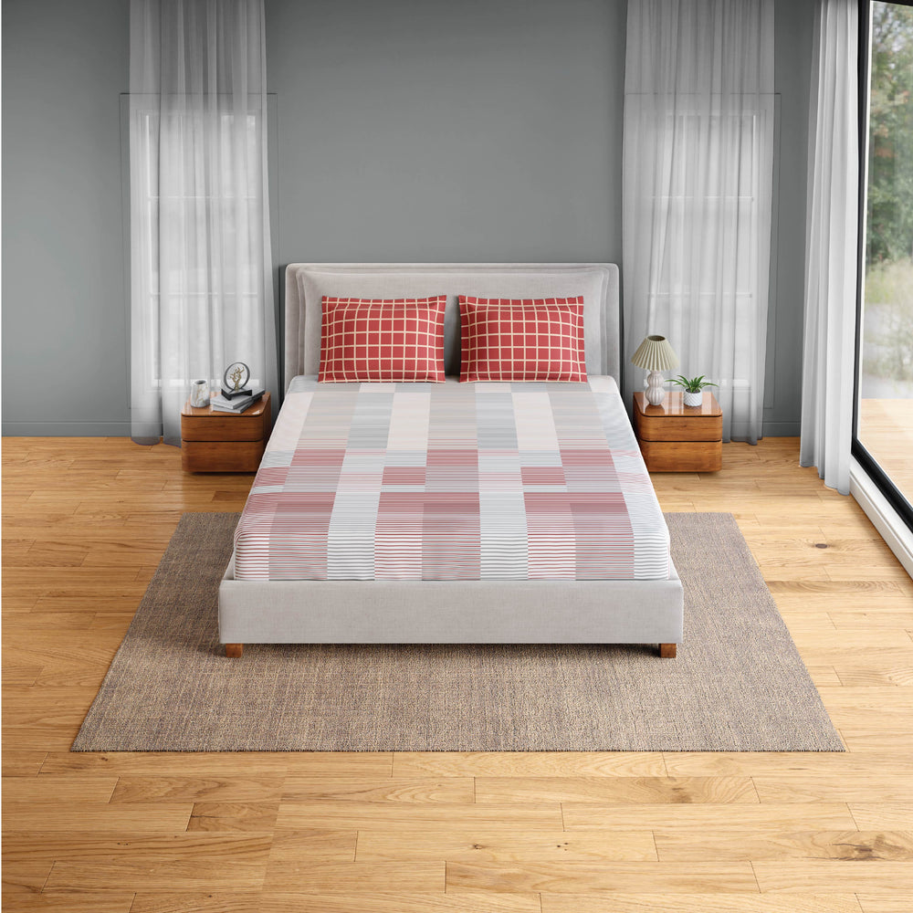 Spaces Fiora 100% Cotton 144 TC Percale Geometric Double Bedsheet with 2 Pillow Covers - 228 x 274 cm, Dark Pink
