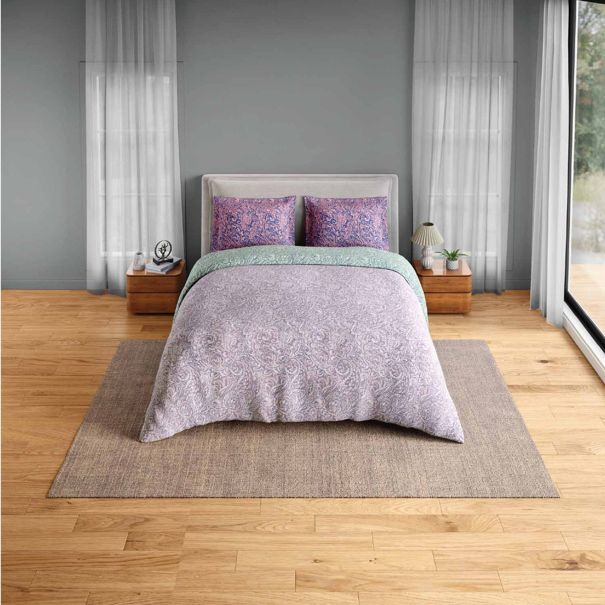 Spaces Fiora 100% Cotton 144 TC Floral Fitted Queen Bedsheet with 2 Pillow Covers - 60 x 78 Inches, Light Violet