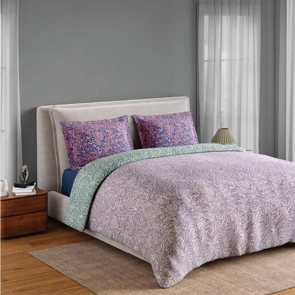 Spaces Fiora 100% Cotton 144 TC Floral Fitted Queen Bedsheet with 2 Pillow Covers - 60 x 78 Inches, Light Violet