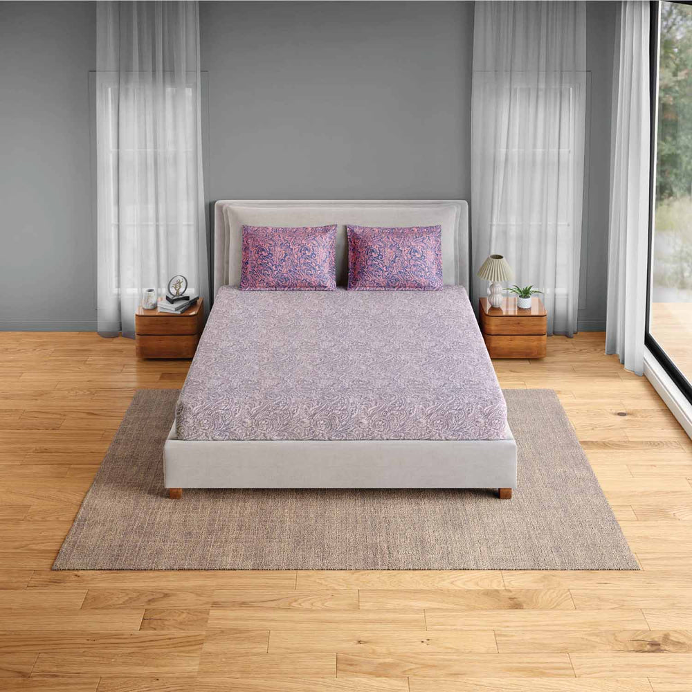 Spaces Fiora 100% Cotton 144 TC Floral Fitted Queen Bedsheet with 2 Pillow Covers - 60 x 78 Inches, Light Violet