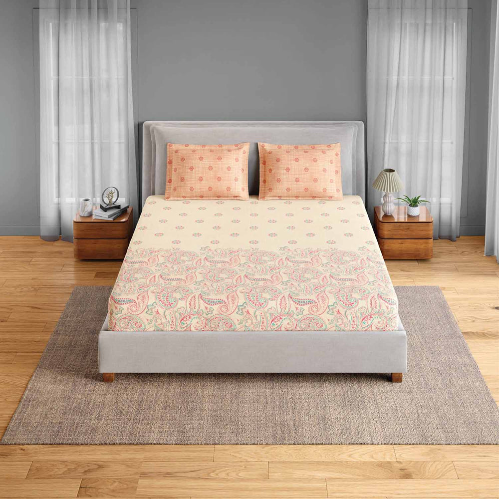 Spaces Fiora 100% Cotton 144 TC Ornate Fitted Queen Bedsheet with 2 Pillow Covers - 60 x 78 Inches, Light Yellow
