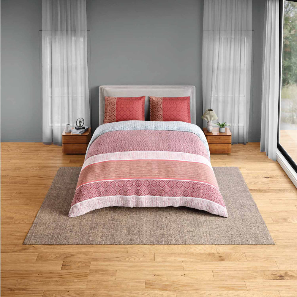 Spaces Fiora 100% Cotton 144 TC Geometric Fitted Queen Bedsheet with 2 Pillow Covers - 60 x 78 Inches, Dark Red