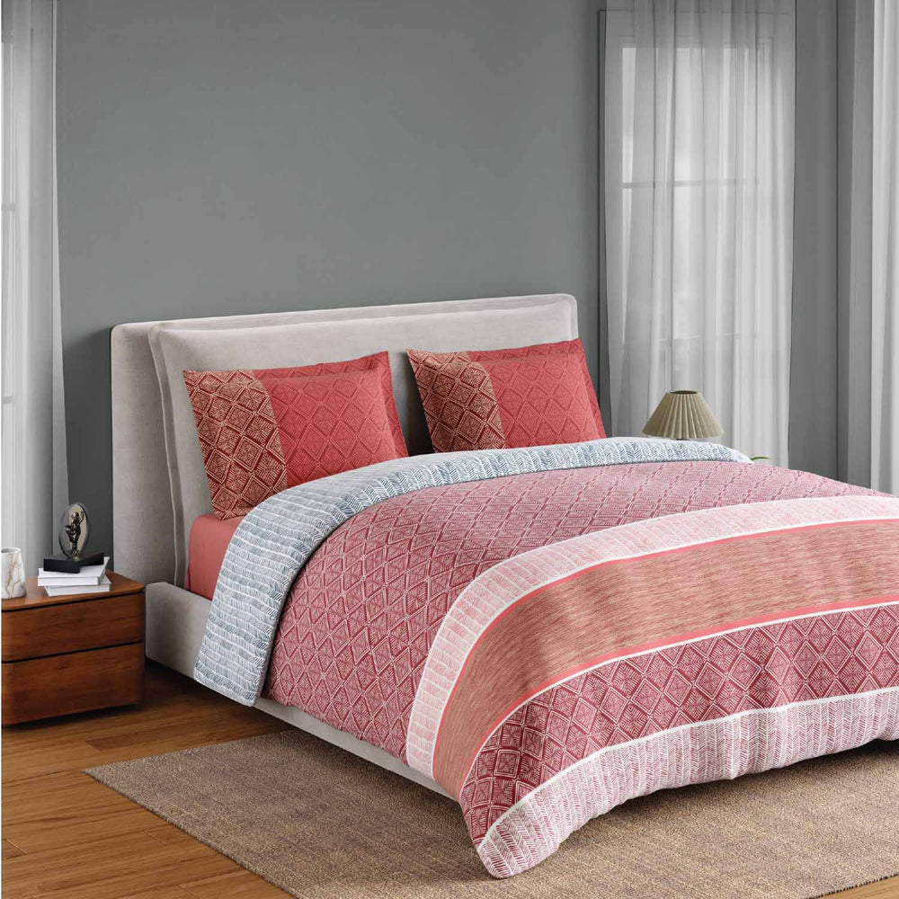 Spaces Fiora 100% Cotton 144 TC Geometric Fitted Queen Bedsheet with 2 Pillow Covers - 60 x 78 Inches, Dark Red