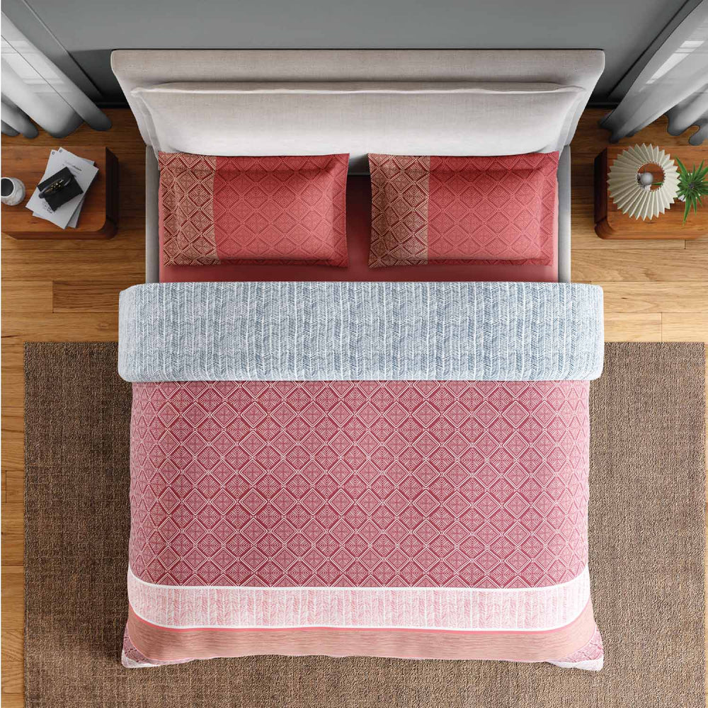 Spaces Fiora 100% Cotton 144 TC Geometric Fitted Queen Bedsheet with 2 Pillow Covers - 60 x 78 Inches, Dark Red