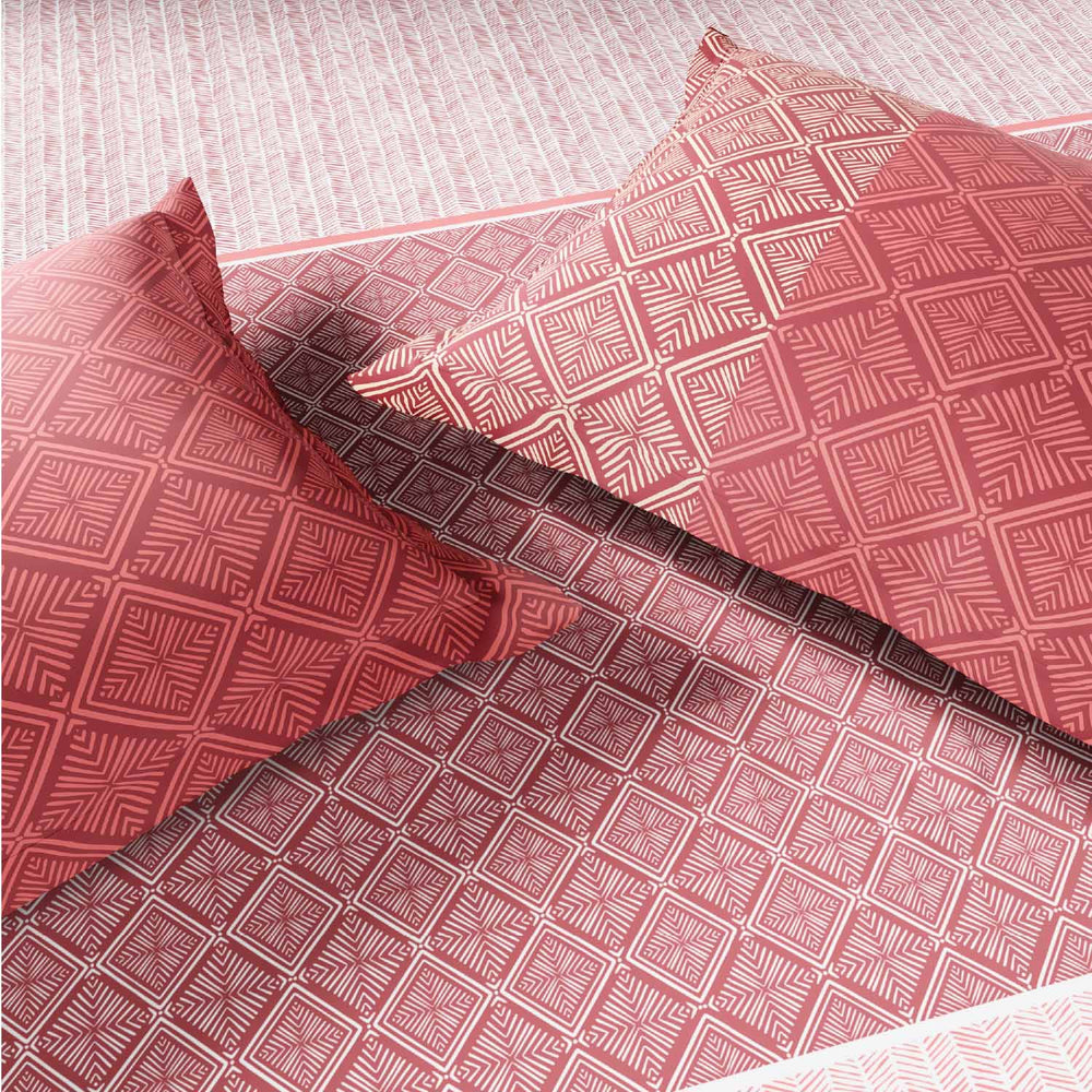 Spaces Fiora 100% Cotton 144 TC Geometric Fitted Queen Bedsheet with 2 Pillow Covers - 60 x 78 Inches, Dark Red