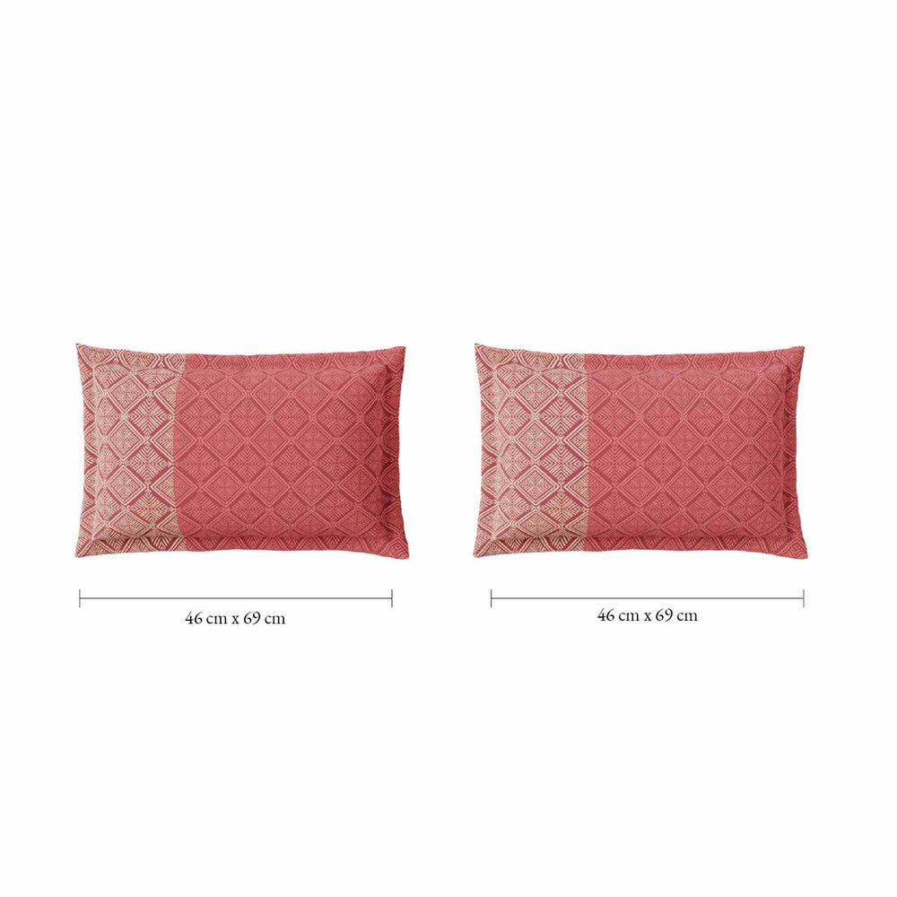 Spaces Fiora 100% Cotton 144 TC Geometric Fitted Queen Bedsheet with 2 Pillow Covers - 60 x 78 Inches, Dark Red