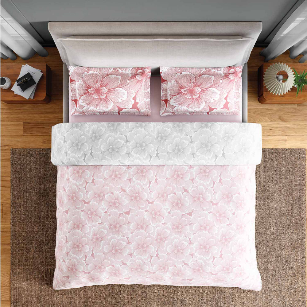 Spaces Fiora 100% Cotton 144 TC Floral Fitted Queen Bedsheet with 2 Pillow Covers - 60 x 78 Inches, Blush