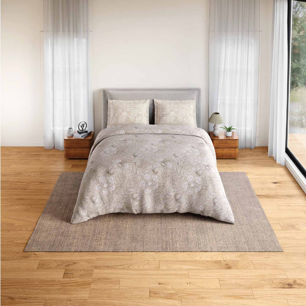 Spaces Fiora 100% Cotton 144 TC Floral Fitted Queen Bedsheet with 2 Pillow Covers - 60 x 78 Inches, Beige
