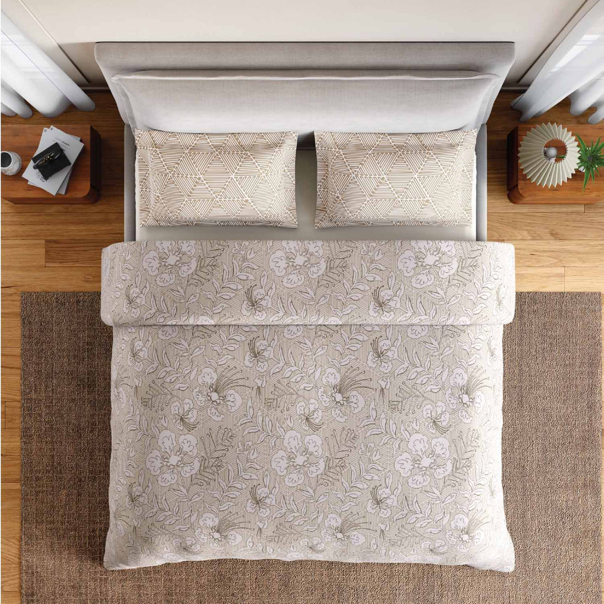 Spaces Fiora 100% Cotton 144 TC Floral Fitted Queen Bedsheet with 2 Pillow Covers - 60 x 78 Inches, Beige
