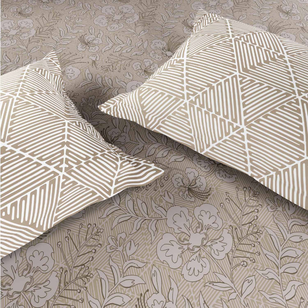 Spaces Fiora 100% Cotton 144 TC Floral Fitted Queen Bedsheet with 2 Pillow Covers - 60 x 78 Inches, Beige