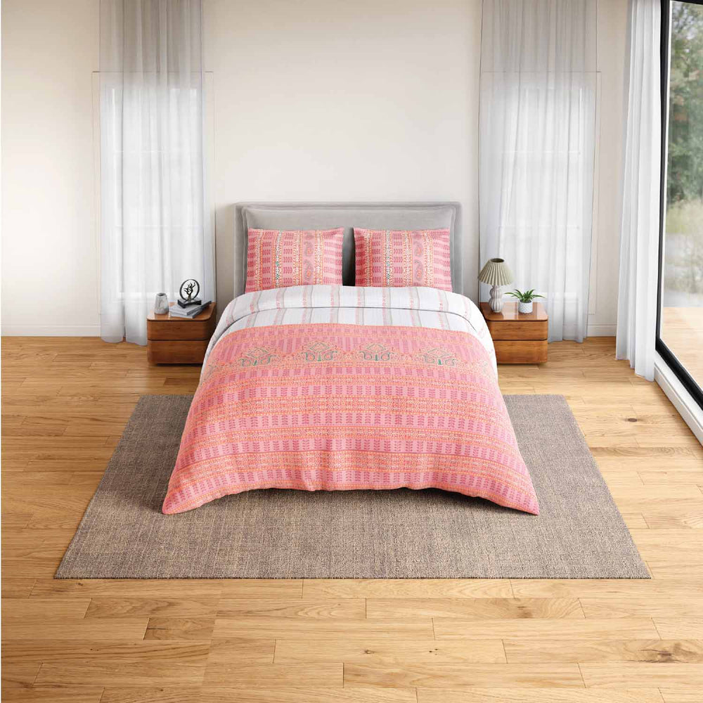 Spaces Fiora 100% Cotton 144 TC Ornate Fitted Queen Bedsheet with 2 Pillow Covers - 60 x 78 Inches, Pink