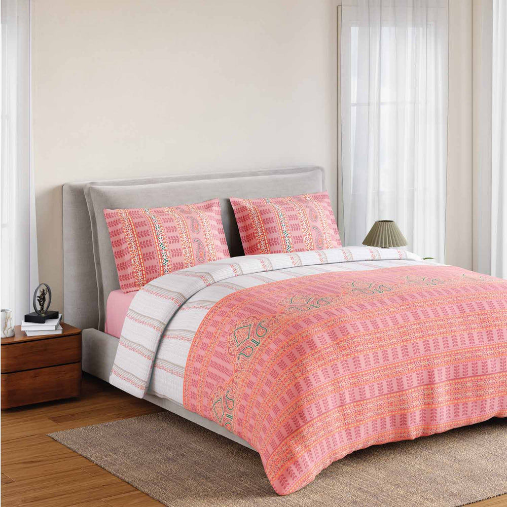 Spaces Fiora 100% Cotton 144 TC Ornate Fitted Queen Bedsheet with 2 Pillow Covers - 60 x 78 Inches, Pink