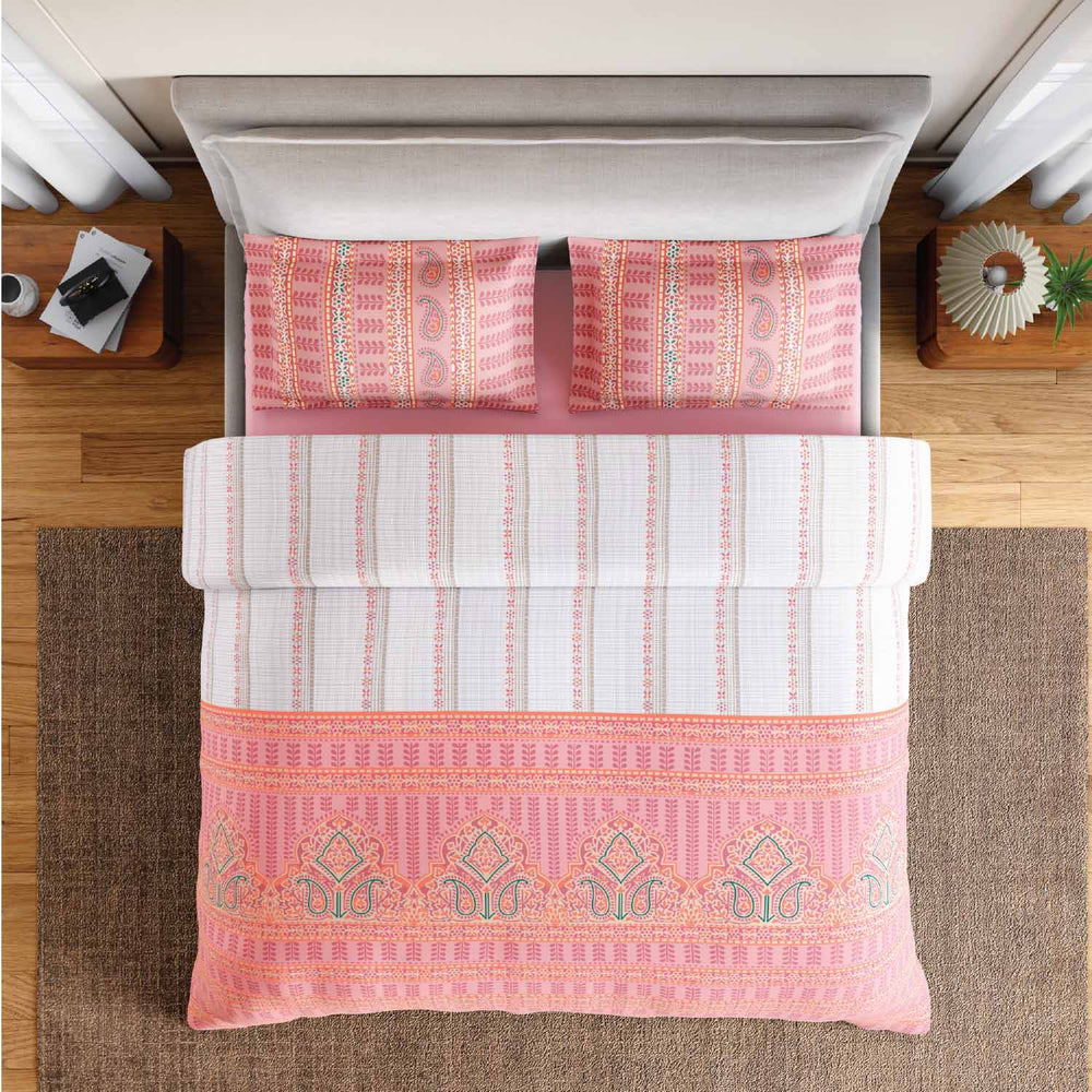 Spaces Fiora 100% Cotton 144 TC Ornate Fitted Queen Bedsheet with 2 Pillow Covers - 60 x 78 Inches, Pink