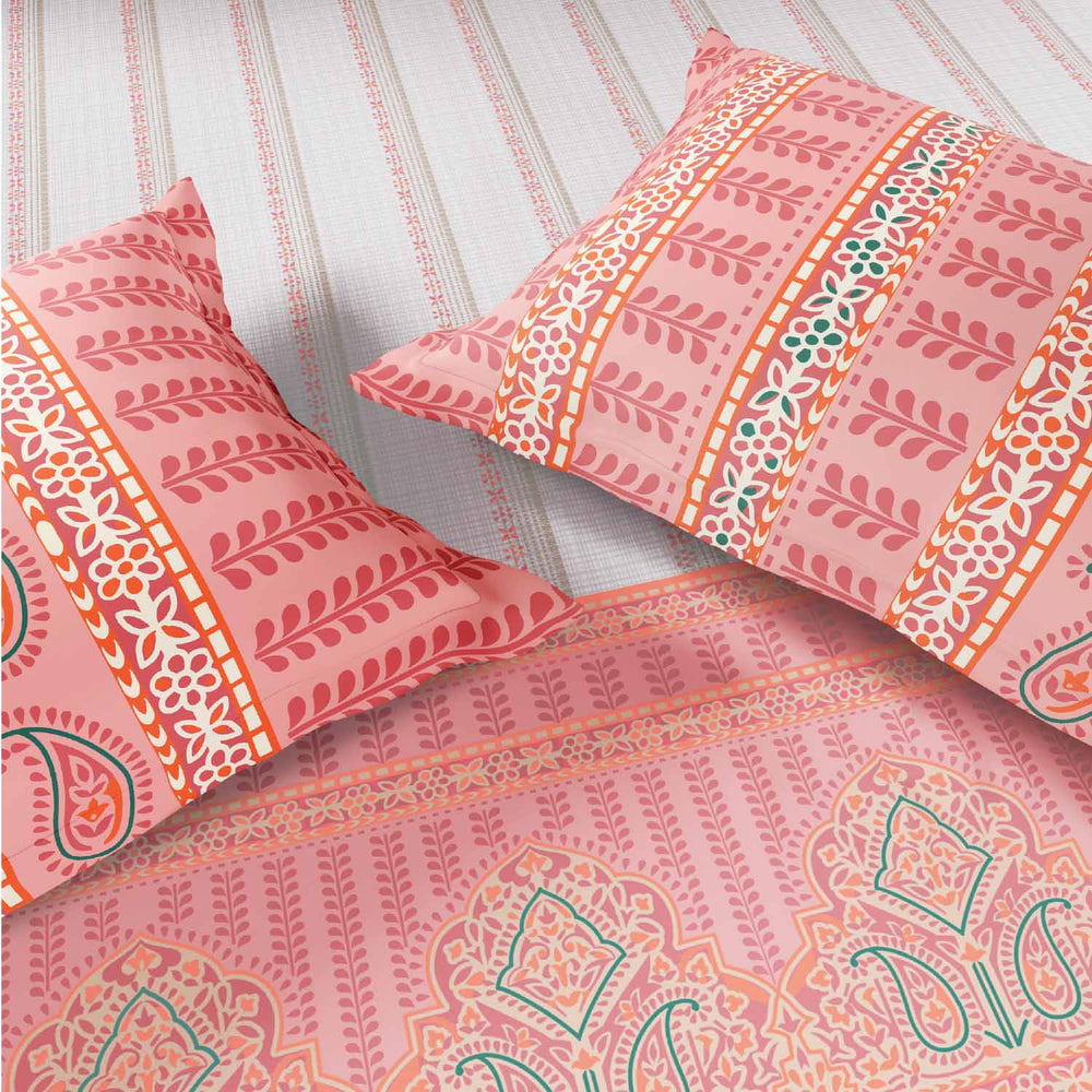 Spaces Fiora 100% Cotton 144 TC Ornate Fitted Queen Bedsheet with 2 Pillow Covers - 60 x 78 Inches, Pink