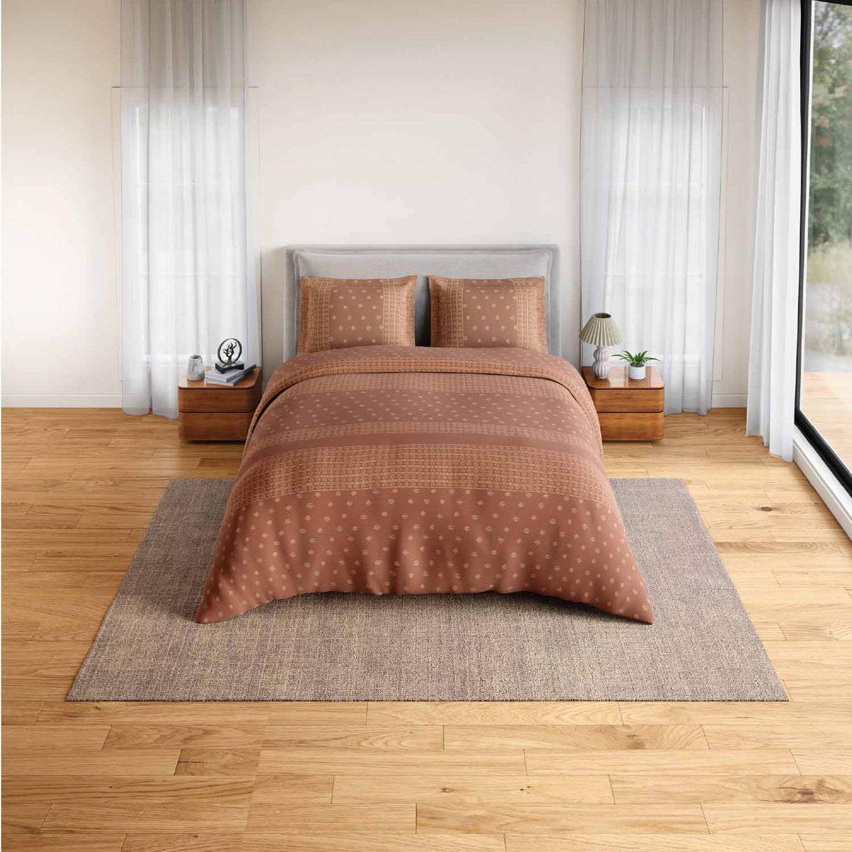Spaces Fiora 100% Cotton 144 TC Ornate Fitted Queen Bedsheet with 2 Pillow Covers - 60 x 78 Inches, Brown