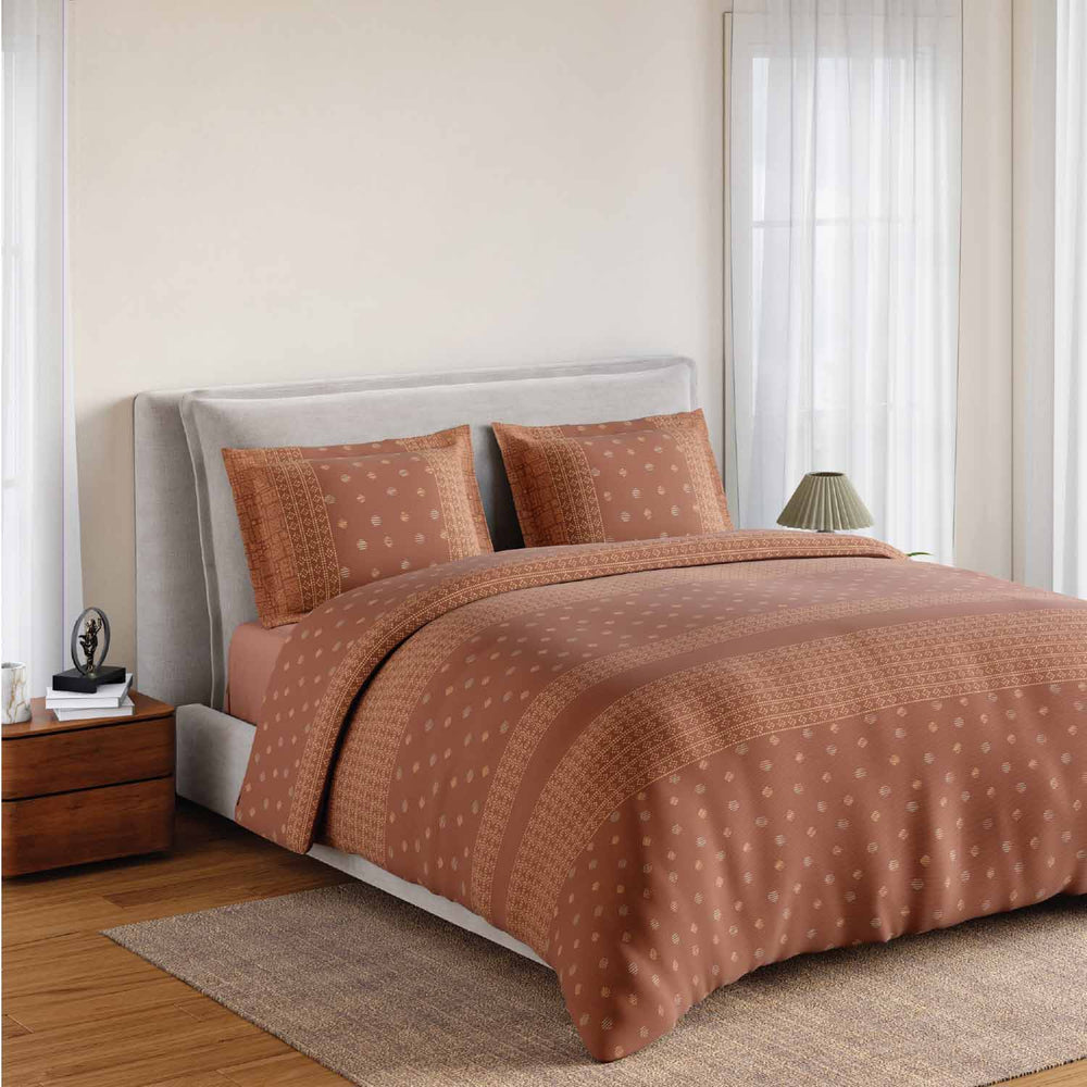 Spaces Fiora 100% Cotton 144 TC Ornate Fitted Queen Bedsheet with 2 Pillow Covers - 60 x 78 Inches, Brown