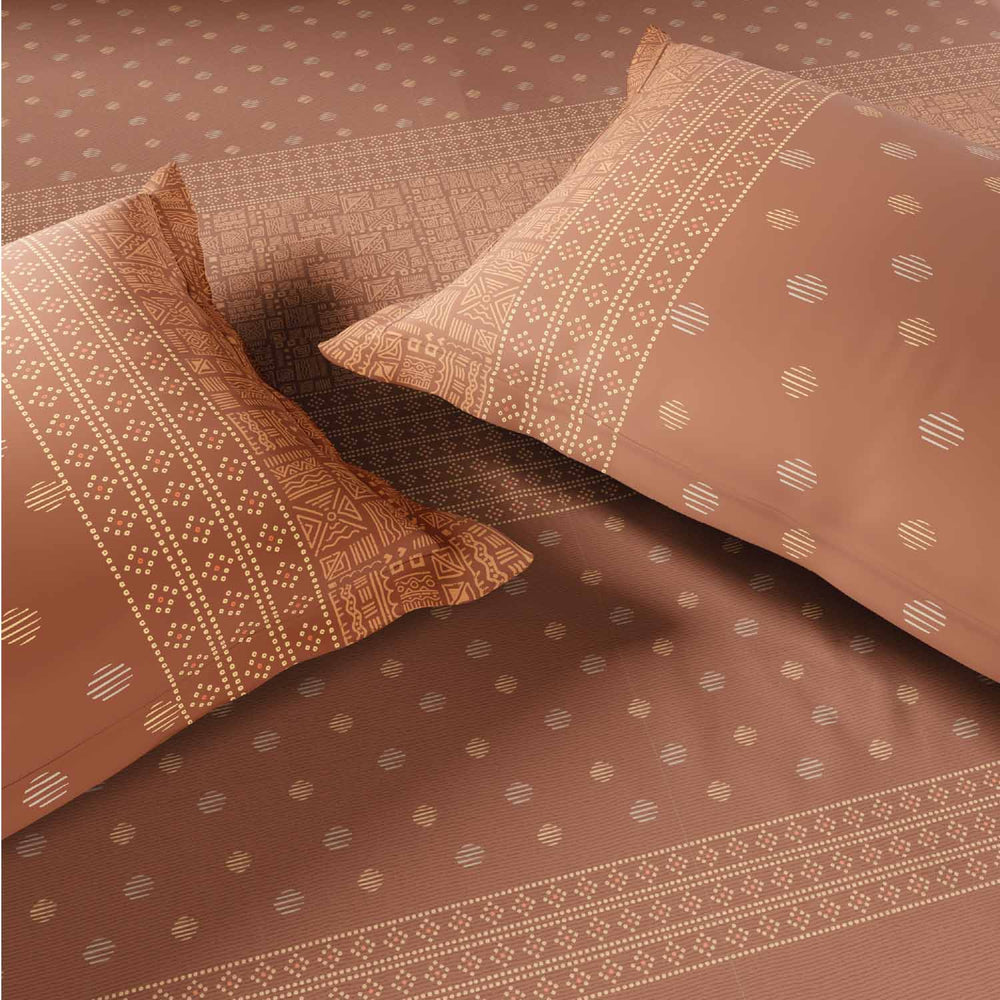 Spaces Fiora 100% Cotton 144 TC Ornate Fitted Queen Bedsheet with 2 Pillow Covers - 60 x 78 Inches, Brown