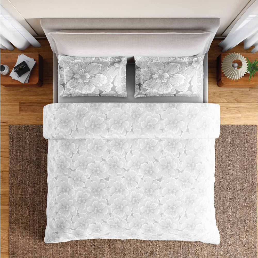 Spaces Fiora 100% Cotton 144 TC Floral Fitted Queen Bedsheet with 2 Pillow Covers - 60 x 78 Inches, Light Grey