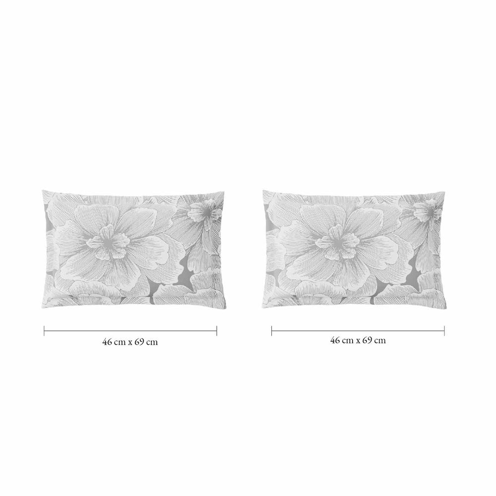 Spaces Fiora 100% Cotton 144 TC Floral Fitted Queen Bedsheet with 2 Pillow Covers - 60 x 78 Inches, Light Grey