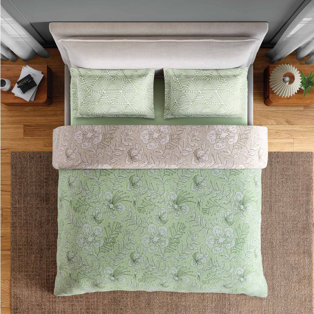 Spaces Fiora 100% Cotton 144 TC Floral Fitted Queen Bedsheet with 2 Pillow Covers - 60 x 78 Inches, Light Green