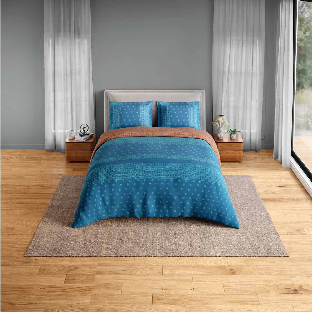 Spaces Fiora 100% Cotton 144 TC Ornate Fitted Queen Bedsheet with 2 Pillow Covers - 60 x 78 Inches, Blue