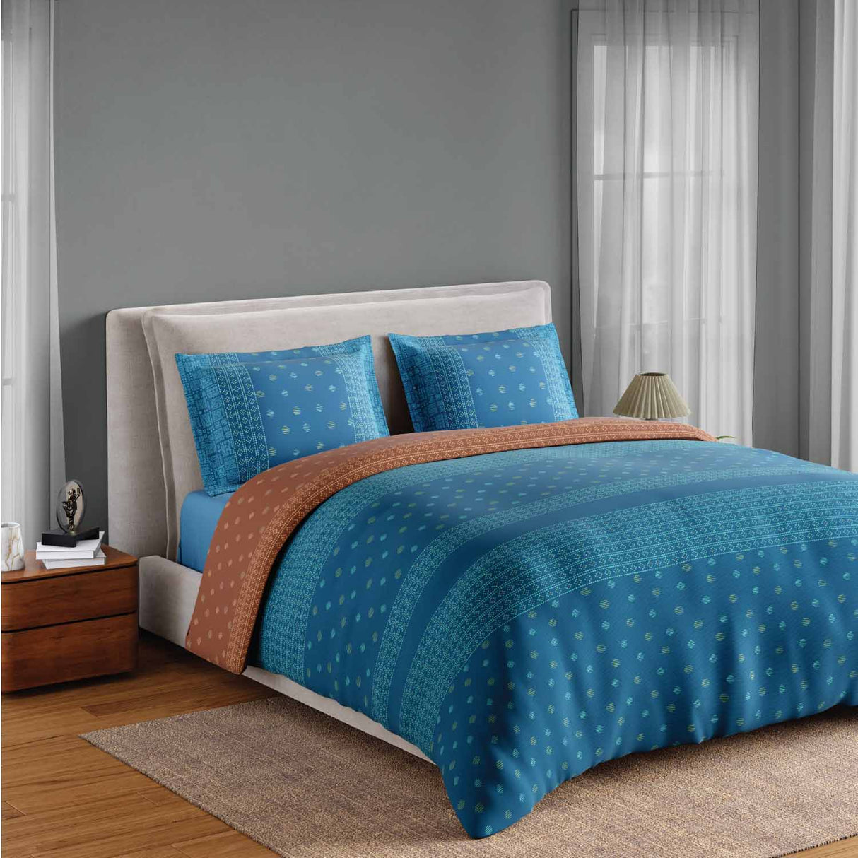 Spaces Fiora 100% Cotton 144 TC Ornate Fitted Queen Bedsheet with 2 Pillow Covers - 60 x 78 Inches, Blue