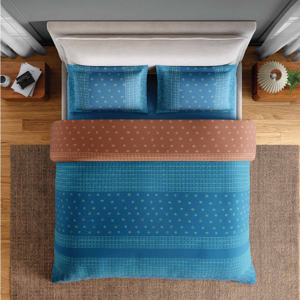 Spaces Fiora 100% Cotton 144 TC Ornate Fitted Queen Bedsheet with 2 Pillow Covers - 60 x 78 Inches, Blue