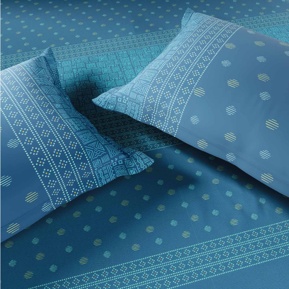 Spaces Fiora 100% Cotton 144 TC Ornate Fitted Queen Bedsheet with 2 Pillow Covers - 60 x 78 Inches, Blue