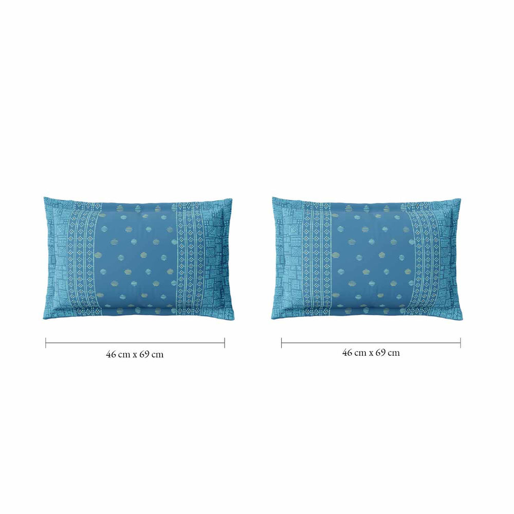 Spaces Fiora 100% Cotton 144 TC Ornate Fitted Queen Bedsheet with 2 Pillow Covers - 60 x 78 Inches, Blue