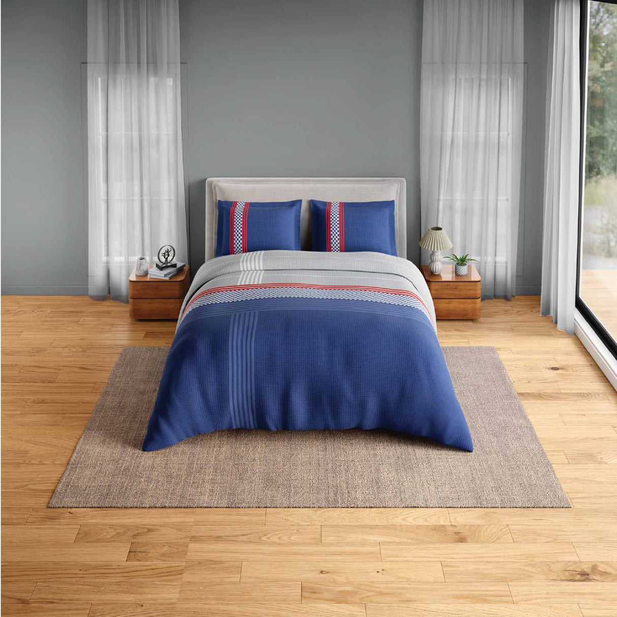 Spaces Neo Paradox 100% Cotton 152 TC Percale Geometric Large Bedsheet with 2 Pillow Covers - 274 x 274 cm, Blue
