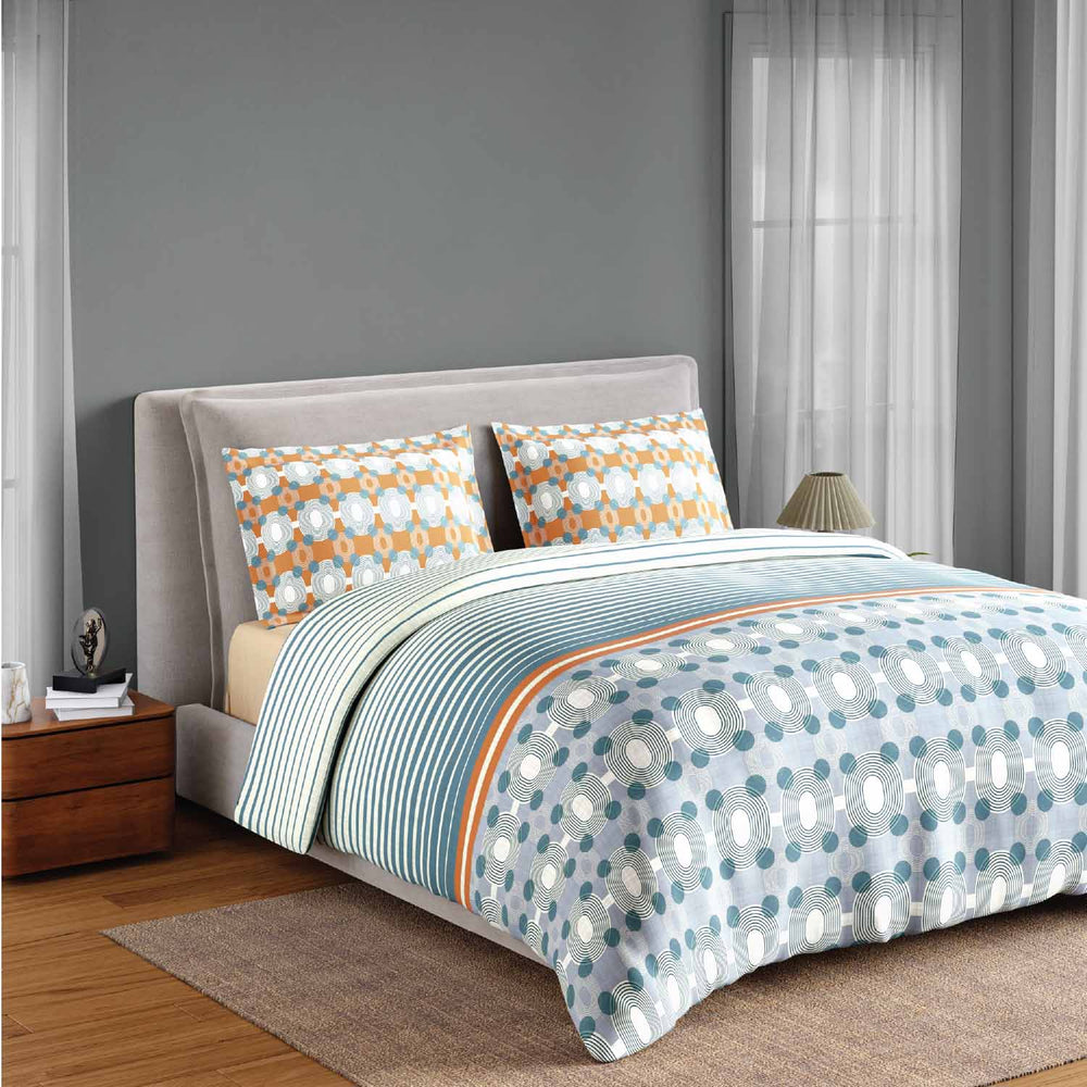 Spaces Neo Paradox 100% Cotton 152 TC Percale Geometric Large Bedsheet with 2 Pillow Covers - 274 x 274 cm, Light Teal