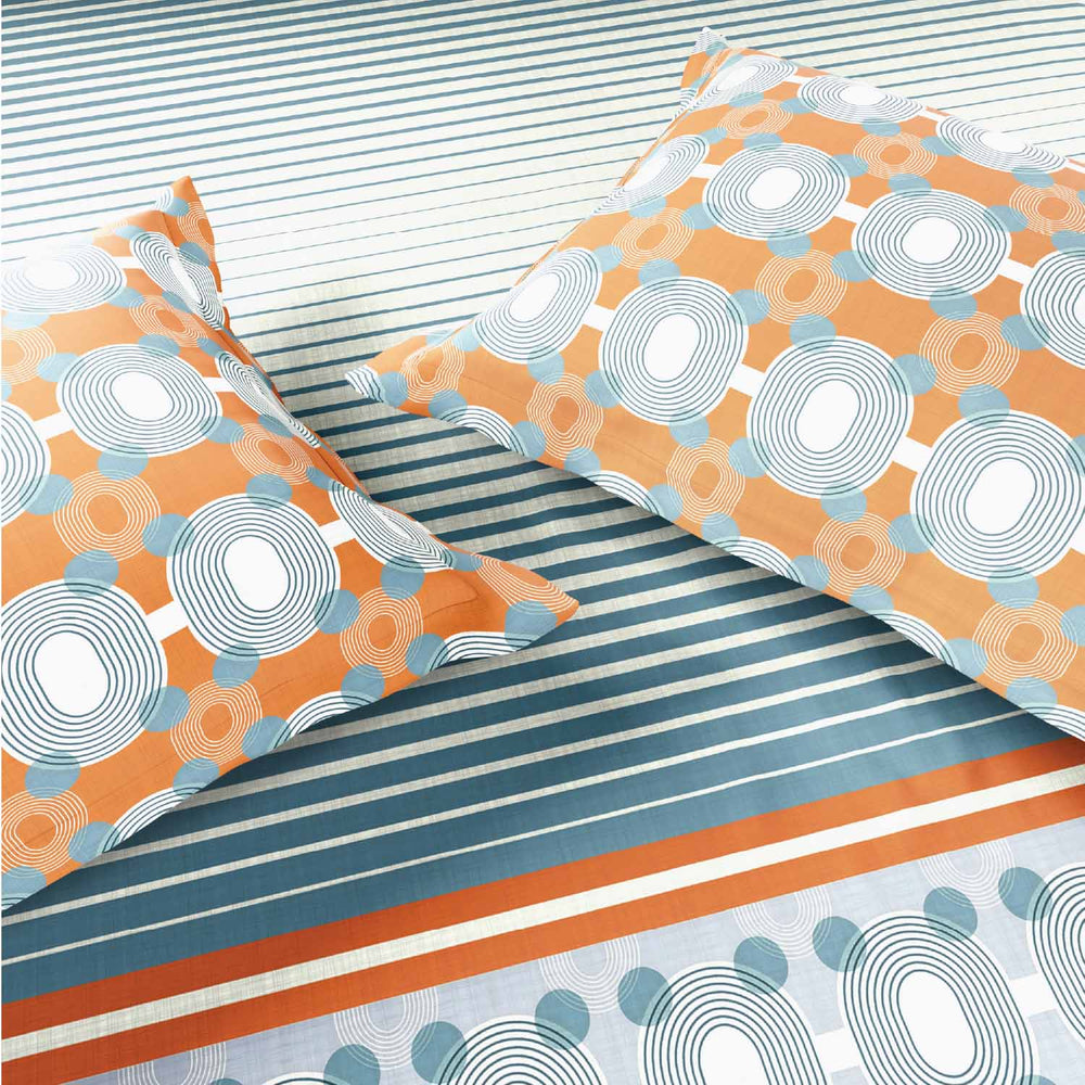 Spaces Neo Paradox 100% Cotton 152 TC Percale Geometric Large Bedsheet with 2 Pillow Covers - 274 x 274 cm, Light Teal