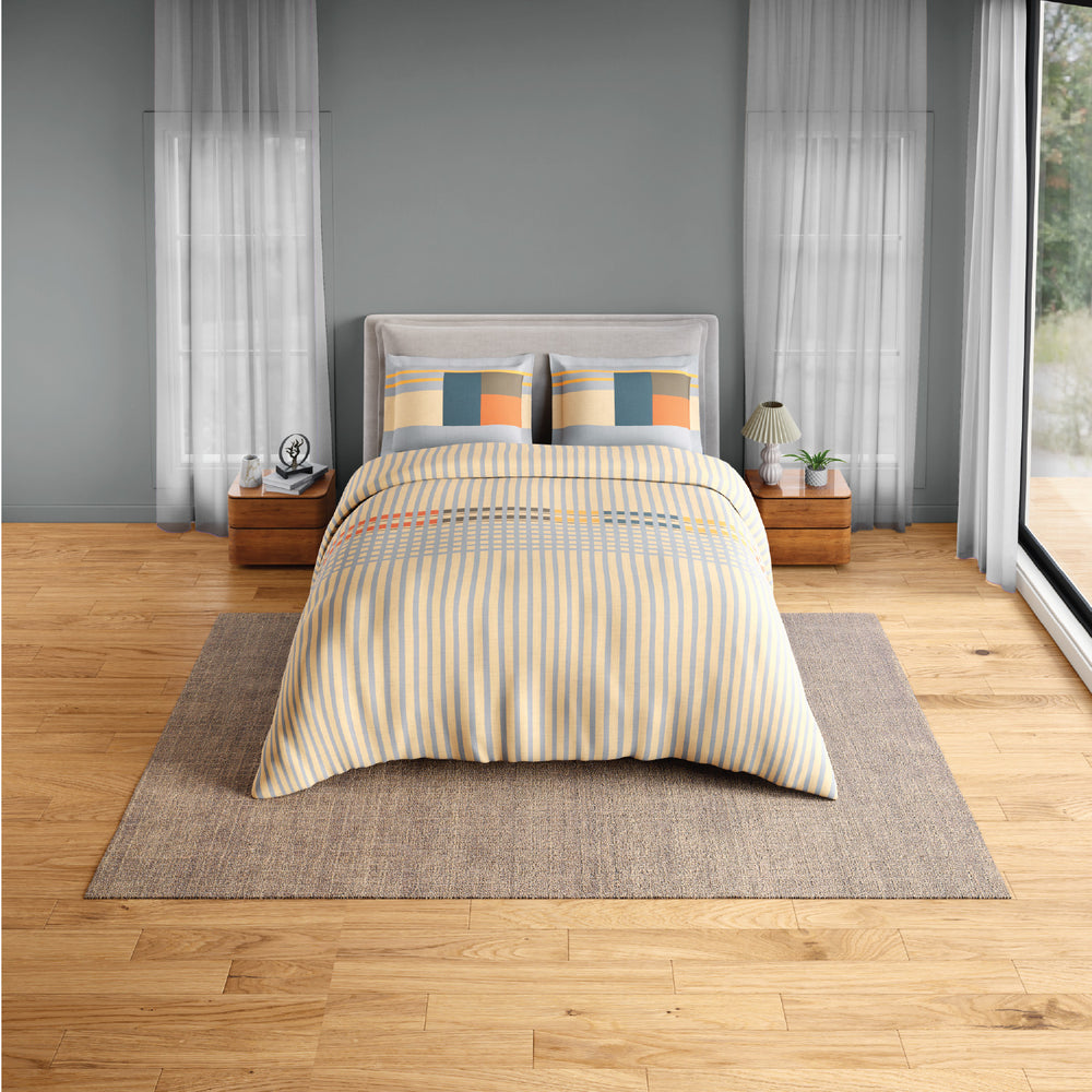 Spaces Neo Paradox 100% Cotton 152 TC Percale Geometric Large Bedsheet with 2 Pillow Covers - 274 x 274 cm, Light Yellow