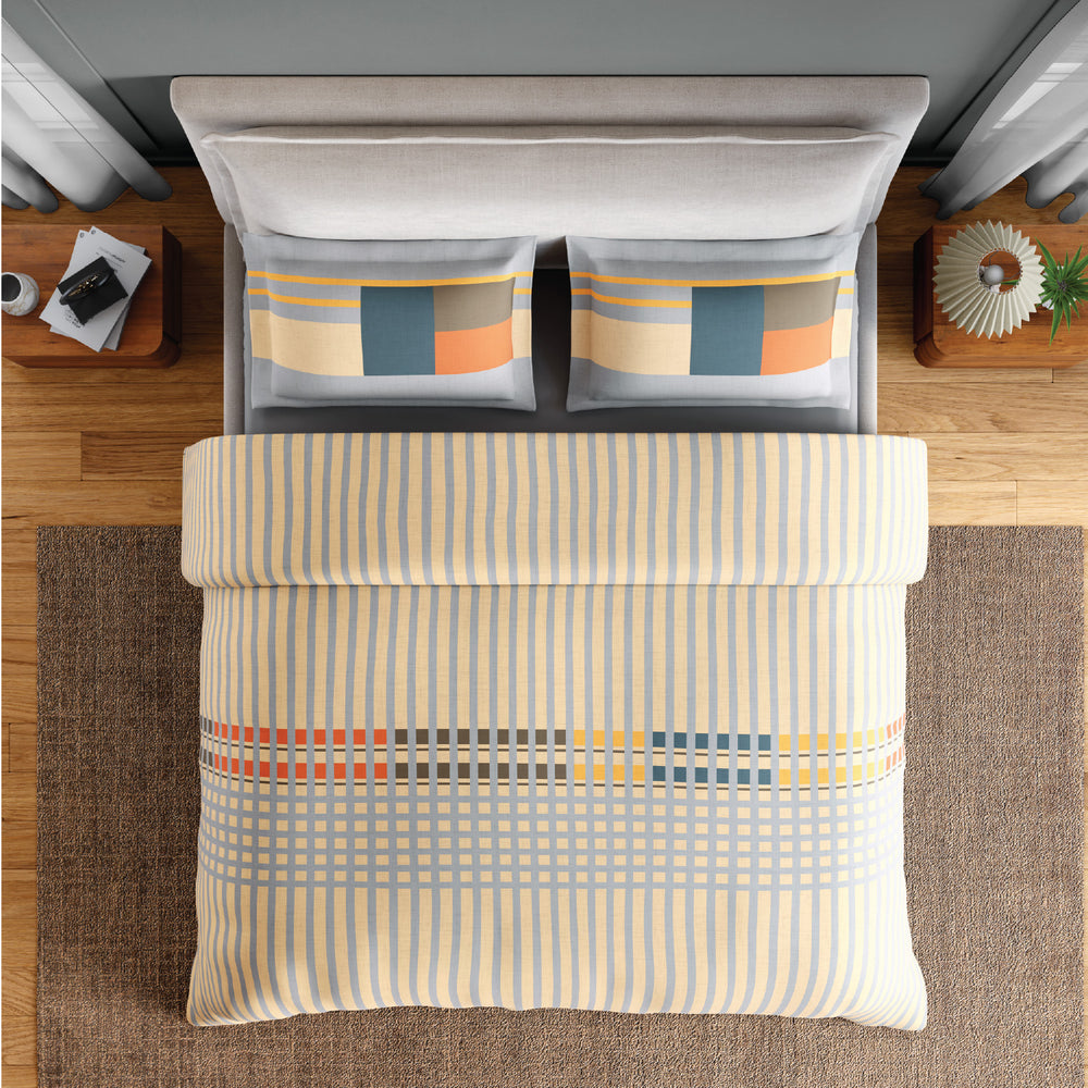 Spaces Neo Paradox 100% Cotton 152 TC Percale Geometric Large Bedsheet with 2 Pillow Covers - 274 x 274 cm, Light Yellow