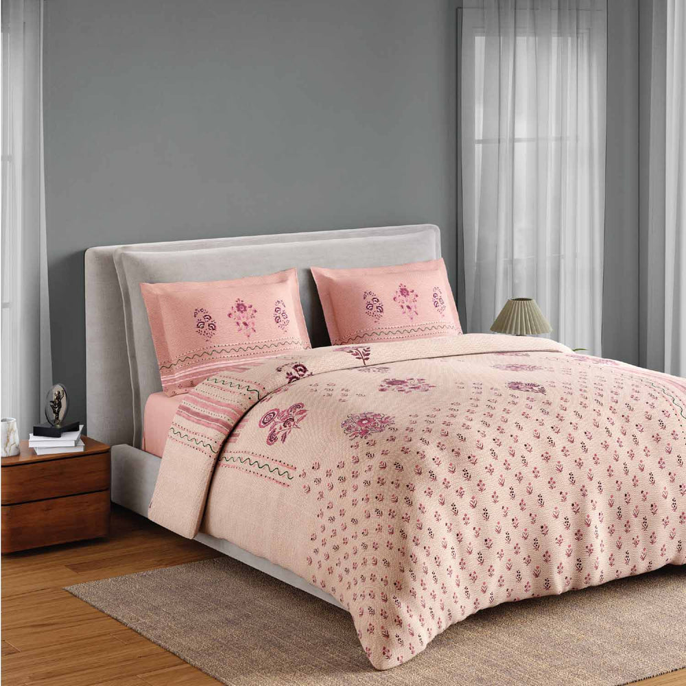 Spaces Neo Chaap 100% Cotton 152 TC Percale Fioral Large Bedsheet with 2 Pillow Covers - 274 x 274 cm, Light Blush