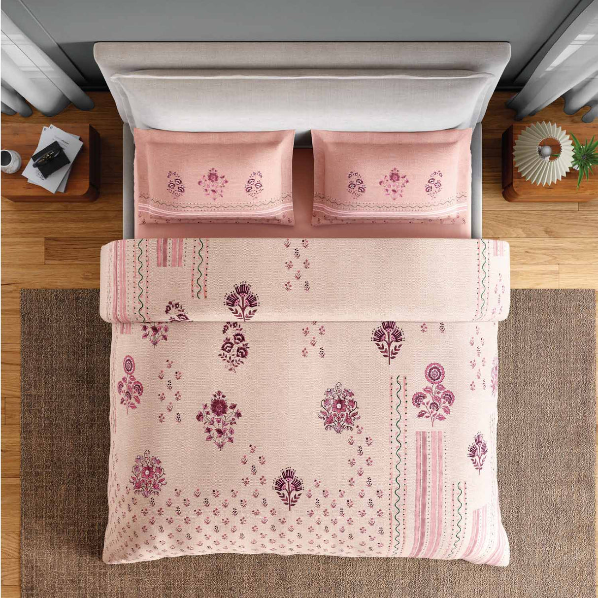 Spaces Neo Chaap 100% Cotton 152 TC Percale Fioral Large Bedsheet with 2 Pillow Covers - 274 x 274 cm, Light Blush