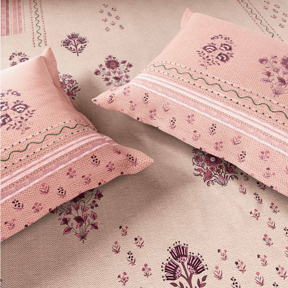 Spaces Neo Chaap 100% Cotton 152 TC Percale Fioral Large Bedsheet with 2 Pillow Covers - 274 x 274 cm, Light Blush