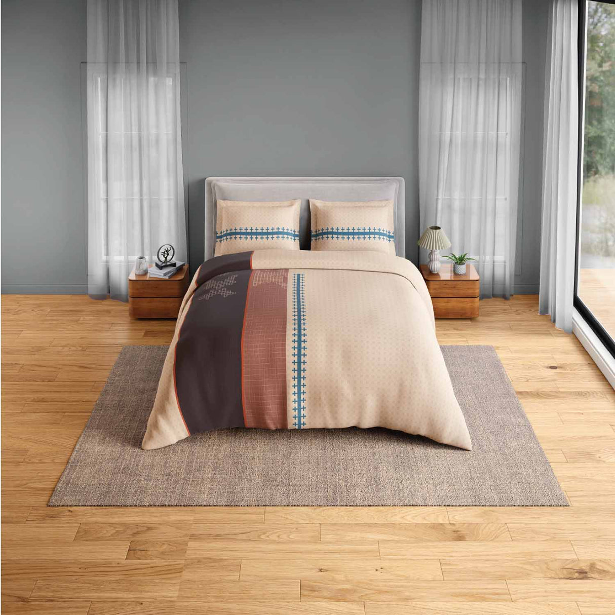 Spaces Neo Chaap 100% Cotton 152 TC Percale Ornate Large Bedsheet with 2 Pillow Covers - 274 x 274 cm, Beige