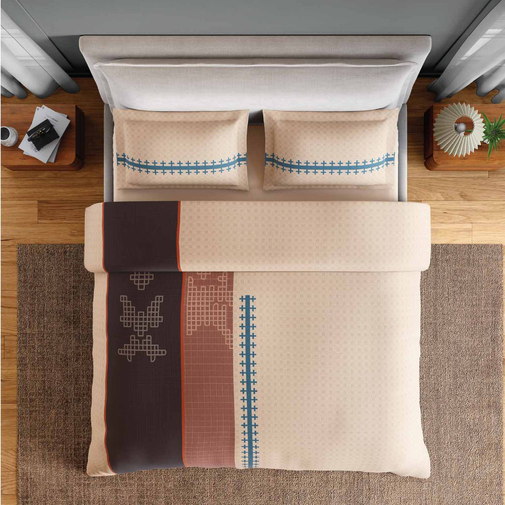 Spaces Neo Chaap 100% Cotton 152 TC Percale Ornate Large Bedsheet with 2 Pillow Covers - 274 x 274 cm, Beige