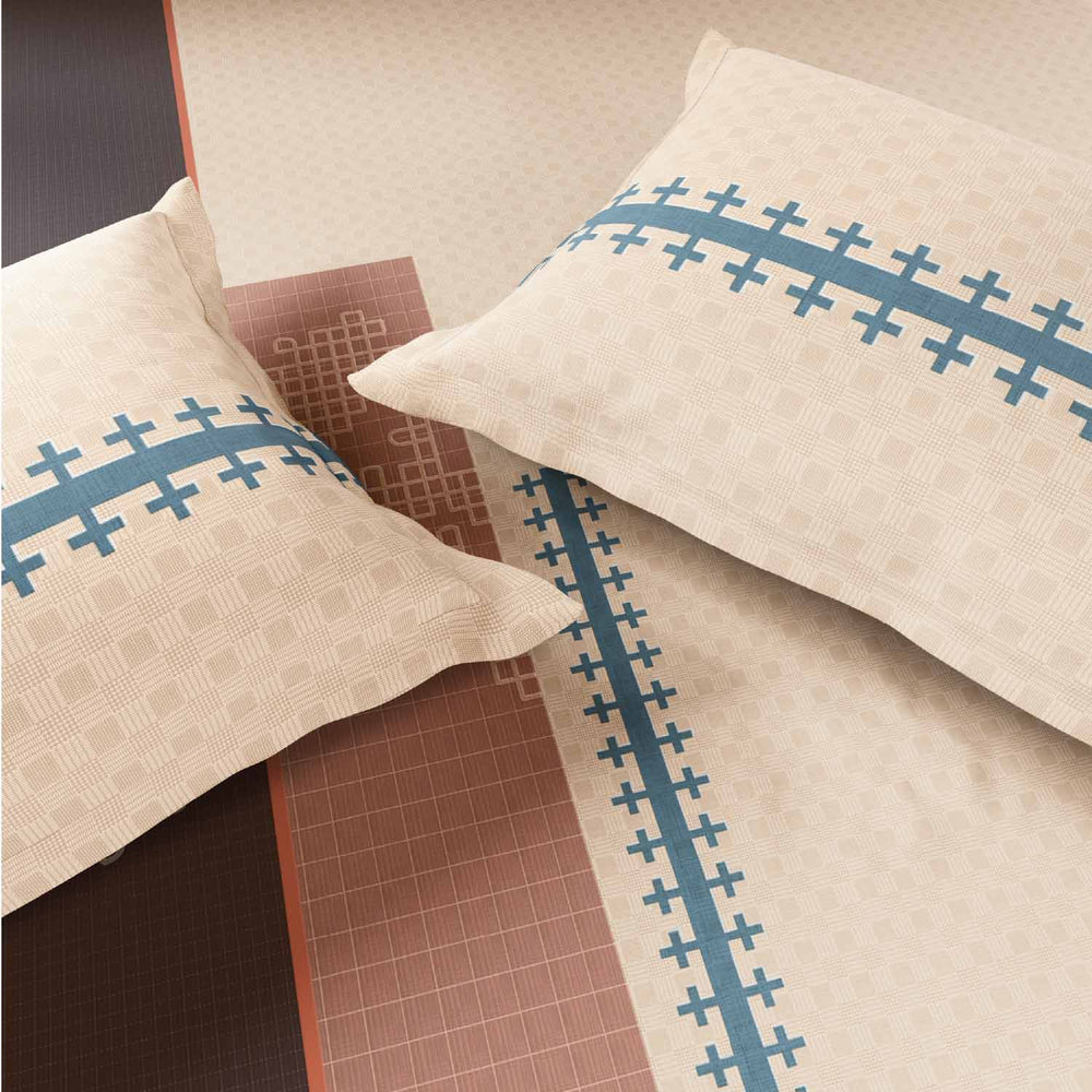 Spaces Neo Chaap 100% Cotton 152 TC Percale Ornate Large Bedsheet with 2 Pillow Covers - 274 x 274 cm, Beige