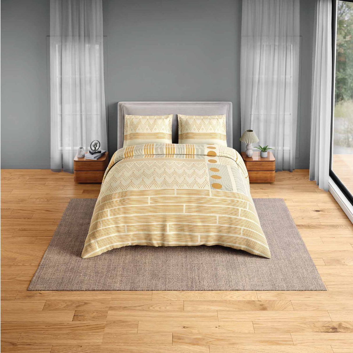 Spaces Neo Chaap 100% Cotton 152 TC Percale Geometric Large Bedsheet with 2 Pillow Covers - 274 x 274 cm, Yellow